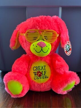 Great Wolf Lodge Neon Pink & Lime Plush Puppy Dog with Sunglasses